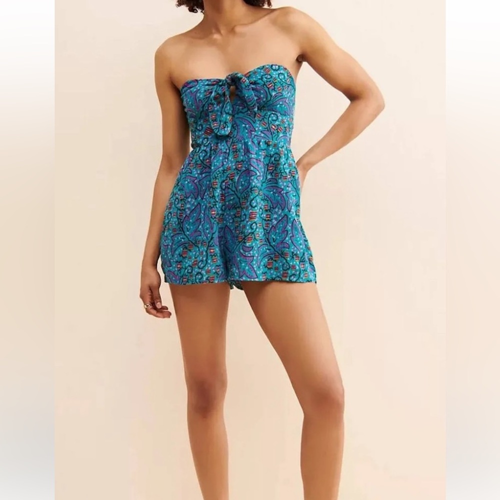 Anthropologie Nixie Floral Strapless Romper Shorts Turquoise L Large 100% Cotton